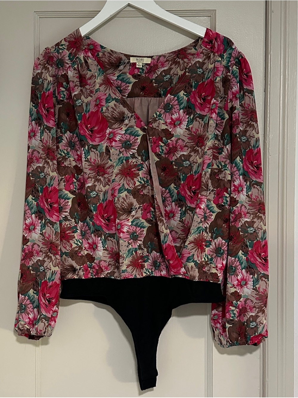 KORI Floral V-Neck Long-Sleeve Bodysuit in Pink, Brown & Teal